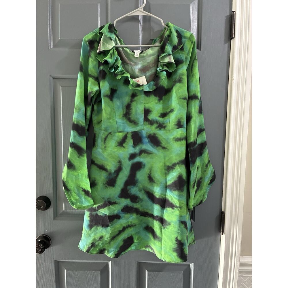 Topshop animal ruffle neck tea dress in green US 8 NWT - Picture 3 of 10
